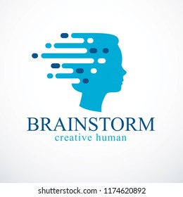 Brainstorm concept, vector design of human head profile with thoughts moving fast. Vector logo or icon template.