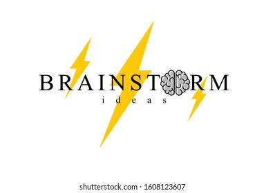 Brainstorm concept vector logo or icon, human brain and lightning bolt simple symbol, flat modern style.