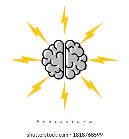 Brainstorm Concept Vector Logo Or Icon, Human Brain And Lightning Bolt Simple Symbol, Flat Modern Style.