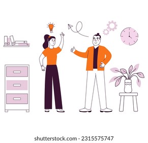 Brainstorm concept.Professionals launching.Creative mind or brainstorm.Creative thinking. Team brainstorming.Fnd solution. Team working together.Woman  and woman talk.an holding up his index finger.