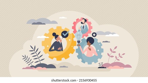 Brainstorm cooperation with new partners idea generation tiny person concept. Creative process with company workforce partnership, unity and collaboration for effective results vector illustration.