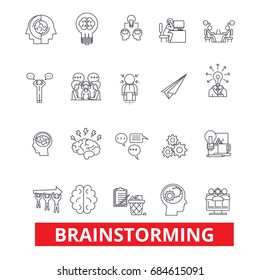 Brainstorm, create, idea, thinking, creation, innovation, invent line icons. Editable strokes 