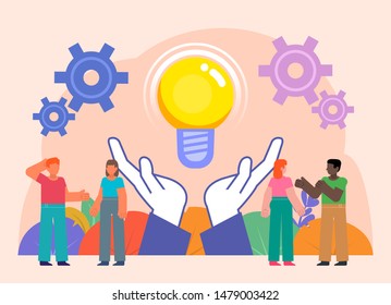 Brainstorm, creative idea. Group of people stand near big idea light bulb. Flat design vector illustration. Poster for social media, web page, banner, presentation