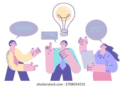 Tormenta de ideas, ideas creativas en el concepto de negocio. Jóvenes empresarios sonrientes personajes de dibujos animados de pie discutiendo proyecto de negocios en la oficina teniendo grandes ideas en mente Ilustración vectorial