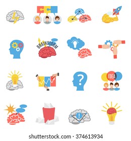 Brainstorm creative isolated flat color icons set with human head brain lamp bulb vector illustration 