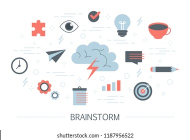 Brainstorm and creative mind concept. Generate new idea in teamwork. Making innovation and moving towards success. Set of colorful abstract business icons. Isolated flat vector illustration