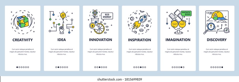 Brainstorm creative solution development. Business innovation idea, imagination inspiration. Mobile app screens. Vector banner template for website and mobile development. Web site design illustration