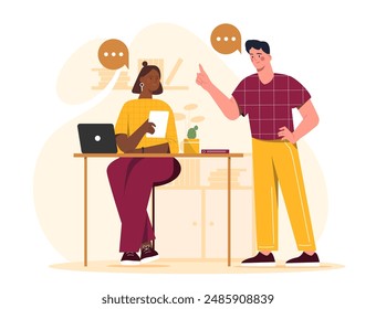 Brainstorm or discussion. Man and woman discussing project. Idea for start up or business. Collaboration and cooperation, teamwork. Cartoon vector illustration isolated on white background