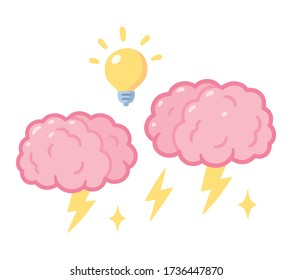 Brainstorm drawing, two brains with storm lightning and lightbulb. Group brainstorming, creative problem solving. Cartoon style vector illustration.