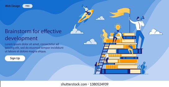 Brainstorm for Effective Development Banner Flat. Male Worker Speaks into Loudspeaker and Holds Flag; Small People Storm Books. Job Well done Requires Encouragement. Vector Illustration.