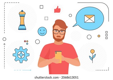 Brainstorm to find ideas online, read electron mail, receive email. Internet correspondence, sending messages via phone, flat vector image