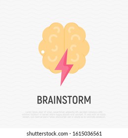 Brainstorm flat icon: brain with flash. Creativity, inspiration, imagination. Modern vector illustration.