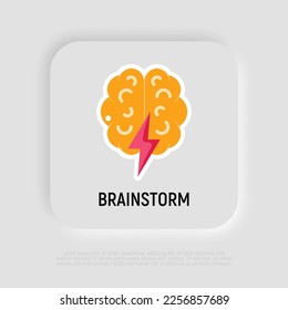 Brainstorm flat icon: brain with flash. Creativity, inspiration, imagination. Modern vector illustration.