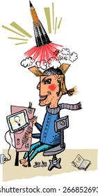 Brainstorm. freelancer works. Hand drawn illustration in style vintage cartoon