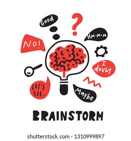 Brainstorm. Funny hand drawn illustration of brainstorming process. Brain inside the lamp. Vector