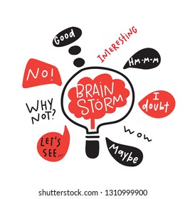 Brainstorm. Funny hand drawn illustration of brainstorming process. Brain inside the lamp. Vector