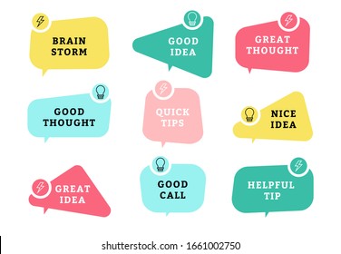 Brainstorm great idea colorful comic badges. Set of vector bubble shaped banners, vivid colors posters with light bulb and lightning