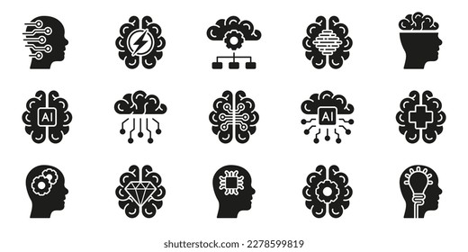 Brainstorm, Human Mind, Stress, Artificial Intelligence Solid Symbol Collection on White Background. Human Brain and AI Concept Black Silhouette Icon Set. Isolated Vector Illustration.