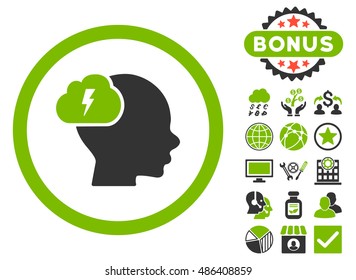 Brainstorm icon with bonus design elements. Vector illustration style is flat iconic bicolor symbols, eco green and gray colors, white background.