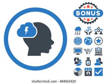 Brainstorm icon with bonus pictogram. Vector illustration style is flat iconic bicolor symbols, smooth blue colors, white background.