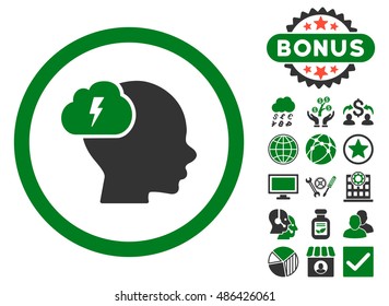 Brainstorm icon with bonus pictures. Vector illustration style is flat iconic bicolor symbols, green and gray colors, white background.