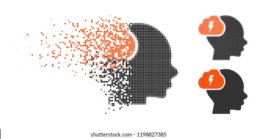 Brainstorm icon in disappearing, pixelated halftone and undamaged entire variants. Particles are organized into vector disappearing brainstorm figure. Disintegration effect uses rectangle dots.