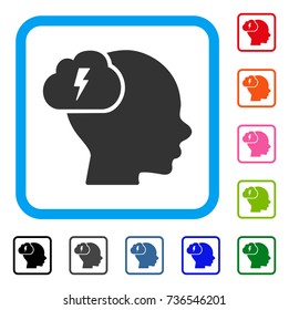 Brainstorm icon. Flat grey iconic symbol in a light blue rounded frame. Black, gray, green, blue, red, orange color additional versions of Brainstorm vector. Designed for web and software UI.