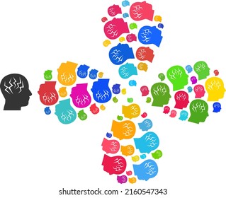 Brainstorm icon multicolored curl flower with four petals composition. Object flower with four petals composed from scattered brainstorm items. Vector flower icon collage in flat style.