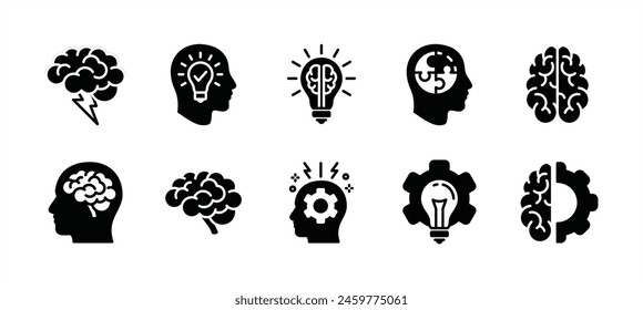 Conjunto de iconos de lluvia de ideas. Conteniendo creatividad, cerebro, idea, creativo, pensamiento, bombilla, mente, inteligencia, imaginación, Plan, solución, innovación, inspiración, inteligente, genio, educación, ciencia