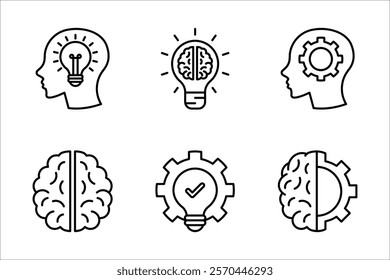 Brainstorm icon set. Containing creativity, thinking, brain, idea, creative, light bulb, mind, intelligence, imagination, plan, solution, innovation, inspiration, on a white background.