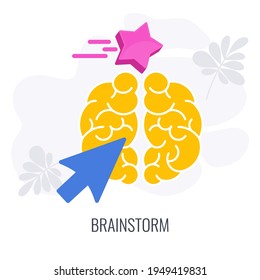 Iconos de la tormenta de ideas. la flecha del cursor apunta a un icono del cerebro amarillo. La estrella simboliza ideas e innovaciones. Concepto de negocio y metáfora. Ilustración vectorial plana.