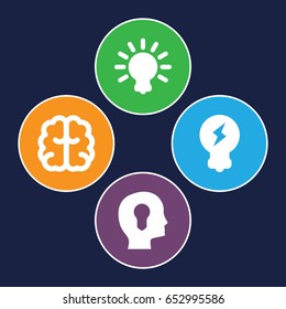 Brainstorm icons set. set of 4 brainstorm filled icons such as brain, bulb