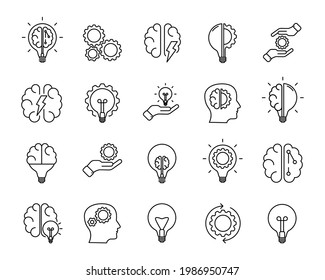 Iconos de la tormenta de ideas. Luz artificial, cerebro, bombilla, creativa, desarrollo, conocimiento, lluvia de ideas, solución de tormentas de ideas. Vector Illustration EPS 10