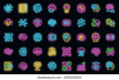 Brainstorm icons set outline vector. Business process. Brain solution neon color on black