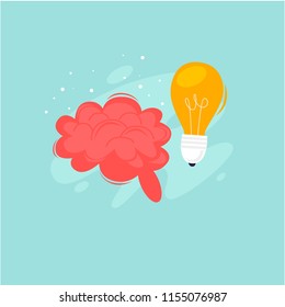 Brainstorm, idea, brain and light bulb. Flat design vector illustration.