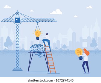 Brainstorm and Idea Building Metaphor. Creative Teamwork Project. Man on Ladder and Woman with Light Bulb Pumping Human Brain Intellectual Center. Flat Crane on Construction Site. Vector Illustration