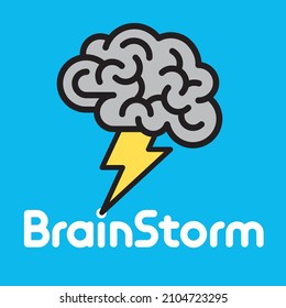 Brainstorm Idea Concept Illustration With Brain And Lightening Bolt.
Vector Illustration Of Brain Logo Or Badge With Lightning And Custom Lettering For Brainstorm.