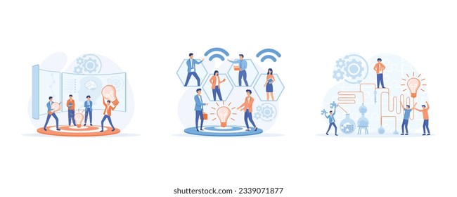 Brainstorm, idea discussion concept. Business team finding solution, manager at remote work,  generating and generating ideas. set flat vector modern illustration  