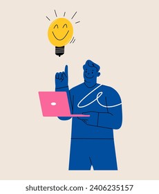 Brainstorm idea. Man coming up with idea, holding light bulb. Colorful vector illustration
