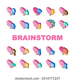 ideias brainstorm criatividade ícones definir vetor. pensamento de inovação, planejamento de estratégia, visão insight, soluções de inspiração ideias brainstorm criatividade isométrica sinal ilustrações