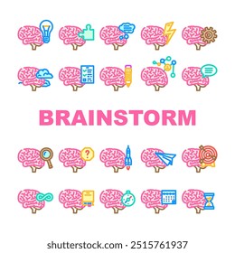 ideias brainstorm ícones de criatividade definir vetor. pensamento de inovação, planejamento de estratégia, visão insight, soluções de inspiração ideias brainstorm criatividade linha de cores ilustrações