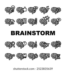 ideias brainstorm ícones de criatividade definir vetor. pensamento de inovação, planejamento de estratégia, visão insight, soluções de inspiração ideias brainstorm criatividade contorno preto ilustrações