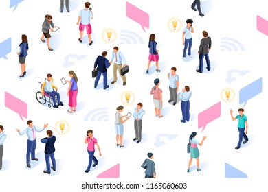 Brainstorm infographic with isometric characters. Group for development resources. Idea concept for social media solutions. Flat isometric people illustration vector isolated on white background.