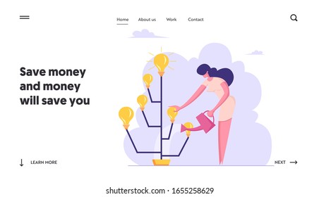 Brainstorm Insight Harvesting Process Website Landing Page. Businesswoman Watering Idea Tree with Glowing Light Bulbs. Startup Creative Project Web Page Banner. Cartoon Flat Vector Illustration