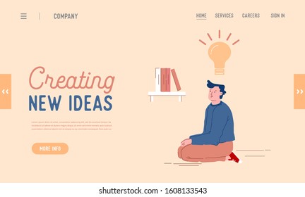 Brainstorm Insight, Innovation, New Project Development Website Landing Page. Joven sentada de rodillas pensando en la idea creativa de negocios y relájese en la pancarta de la página web. Ilustración de vectores planos de dibujos animados