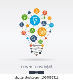 Brainstorm integrated thin line icons. Idea, solution in light bulb shape. Digital network concept. Connected polygonal and circles system. Imagination, team work, creative think vector abstract