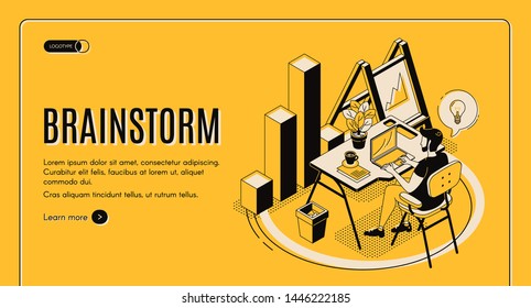 Brainstorm isometric landing page. Man sitting at desk, working on laptop, searching idea. IT company, business startup, online service for effective brainstorming 3d vector illustration, banner, line