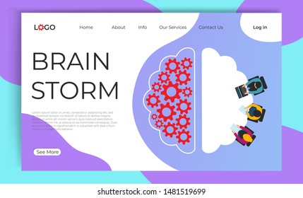 Brainstorm landing page template. Creative flat cartoon vector illustration  table and human brain with gear. Online brainstorming concept for web page. Poster, banner, website design
