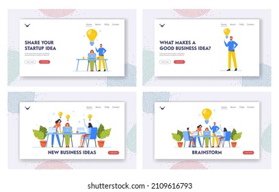 Brainstorm Landing Page Template Set. Business Characters Work Together Developing Ideas. Businesspeople Teamwork, Office Employees Cooperation, Partnership. Cartoon People Vector Illustration