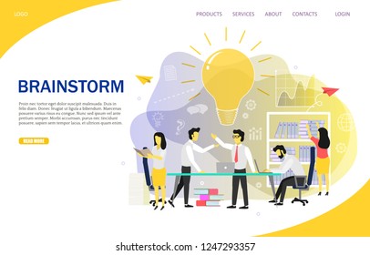 Brainstorm landing page website template. Vector flat illustration. Group of employees suggesting new creative ideas while working on business project or startup. Brainstorming business team.